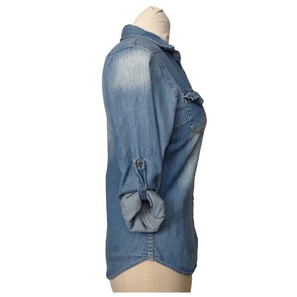 NOBLE U Long Sleeve Denim Shirt Button Down Chambray Jean Top Size S Cowboy - Picture 6 of 11